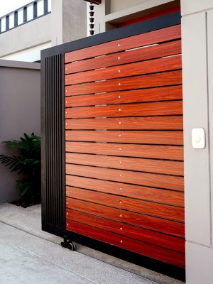 Automatic sliding front gate at modern villa.