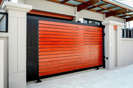 Automatic sliding front gate at modern villa.